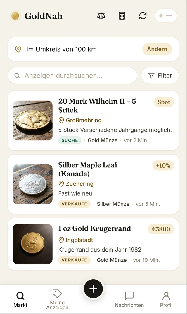 Beispielansicht der GoldNah-App mit Anzeigen in der Umgebung